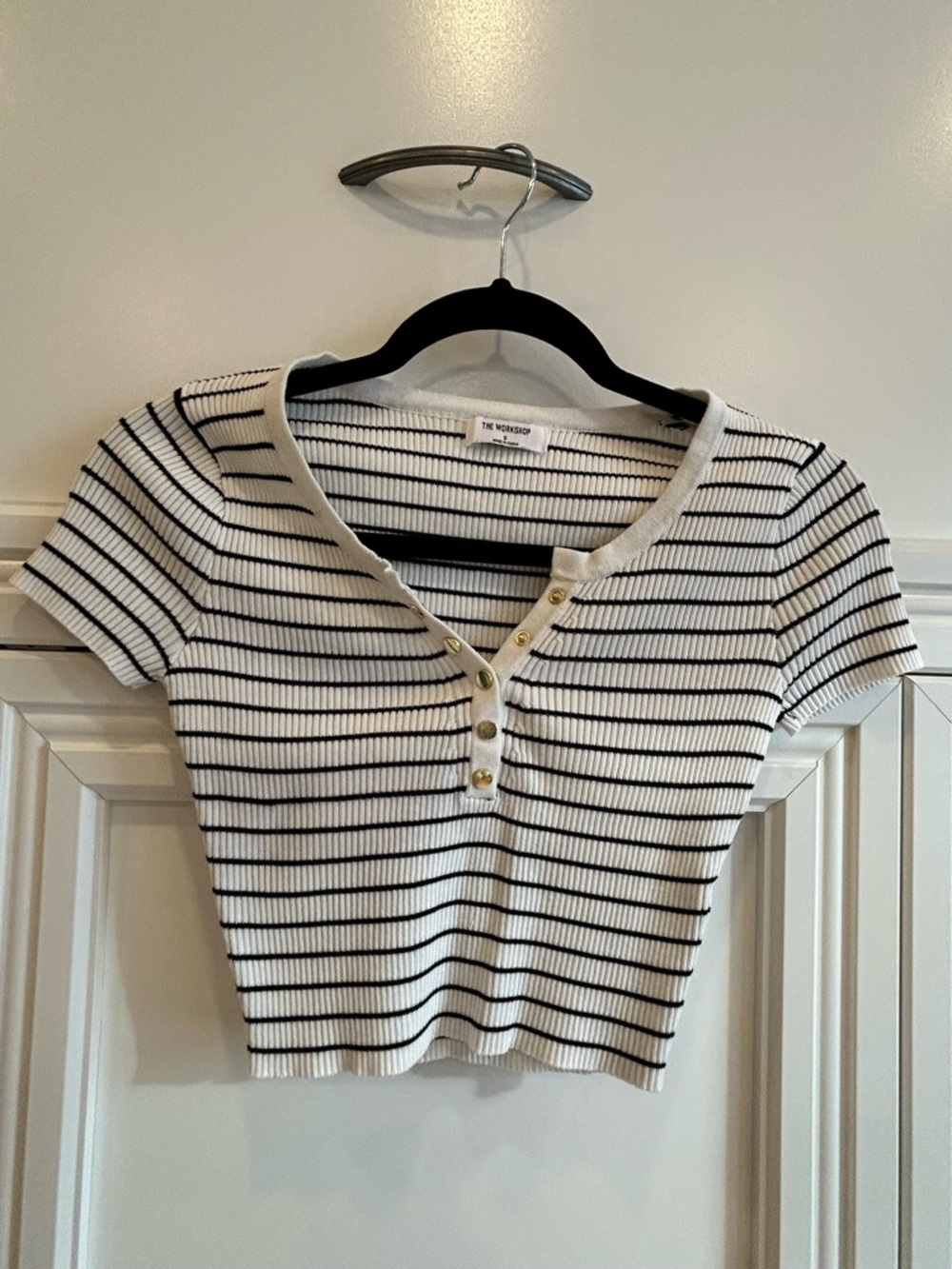 Workshop Republic Clothing White and Black Striped Ribbed Henley Crop Top